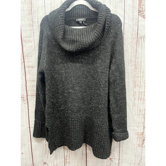 DKNY Chunky Knit Sweater Cowl Neck Womens XL Extra Large Tunic Length Black Gray - Picture 1 of 8